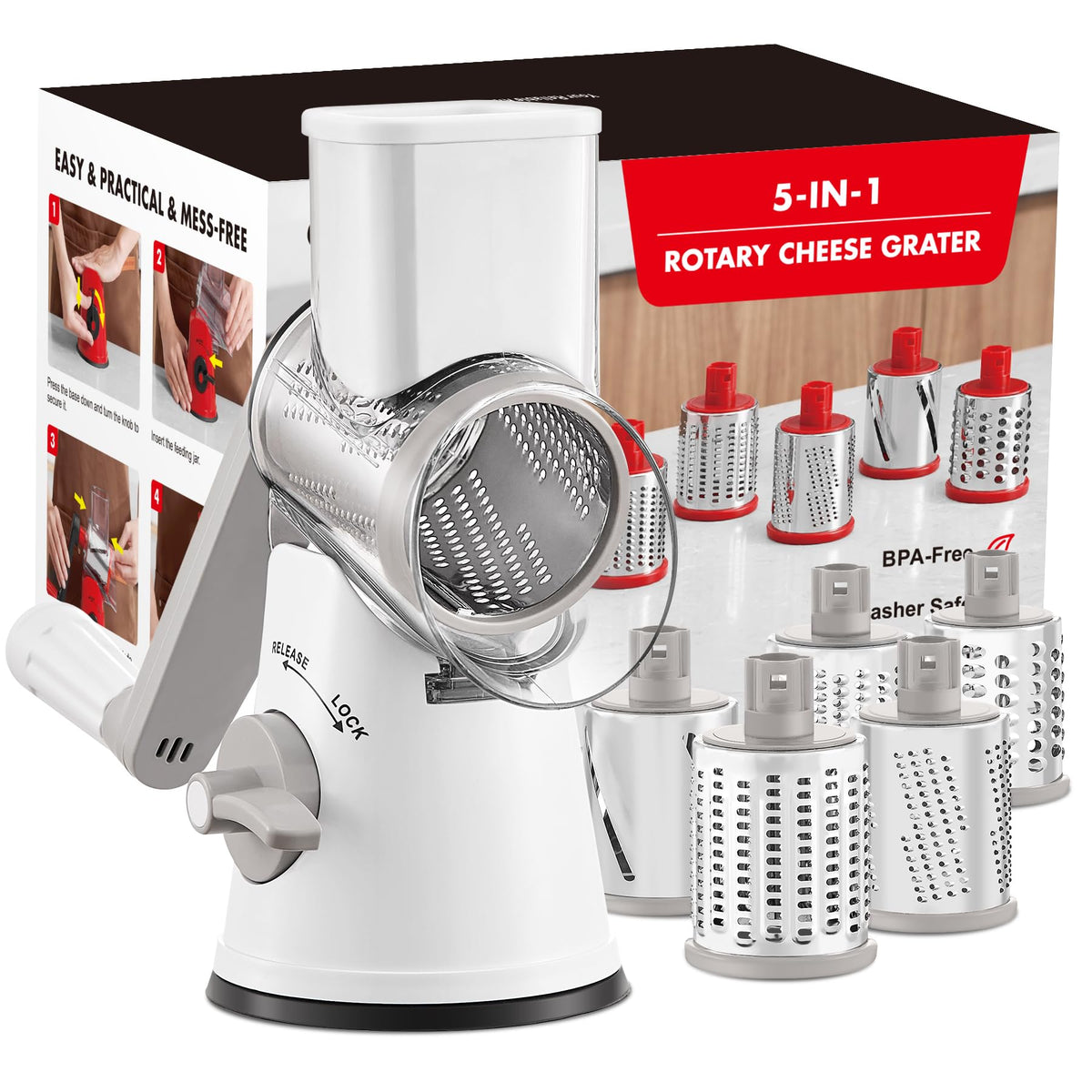 GDL five-in-one rotary cheese grater blade setup for versatile shredding and slicing.