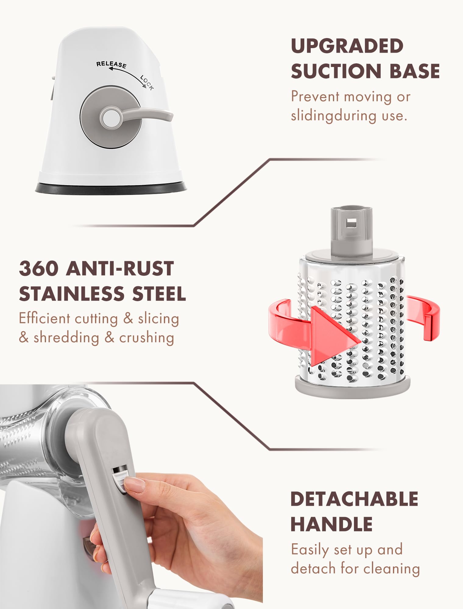 GDL rotary cheese grater detachable parts simplify cleaning and maintenance.