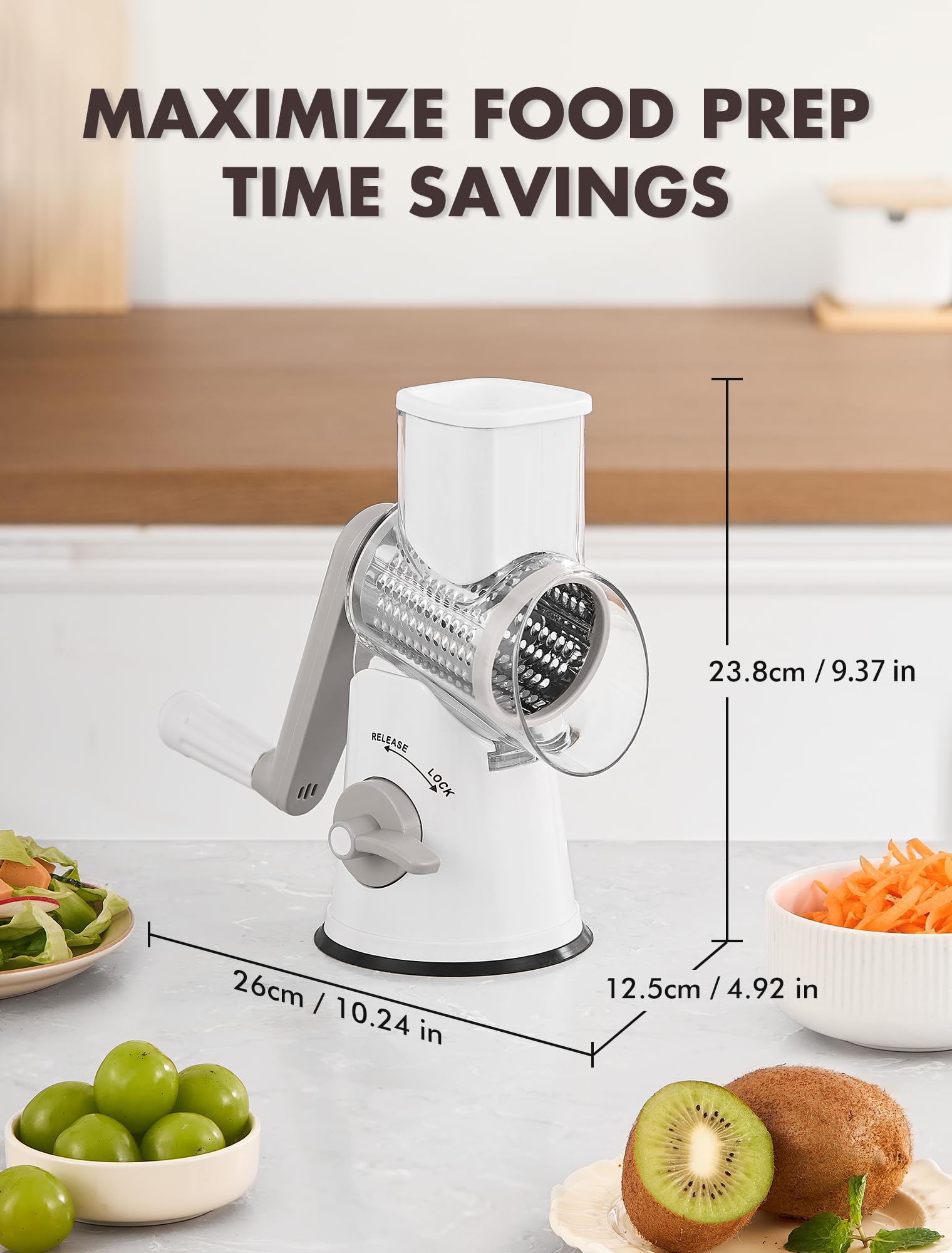 GDL rotary cheese grater is dishwasher-safe for easy cleanup.