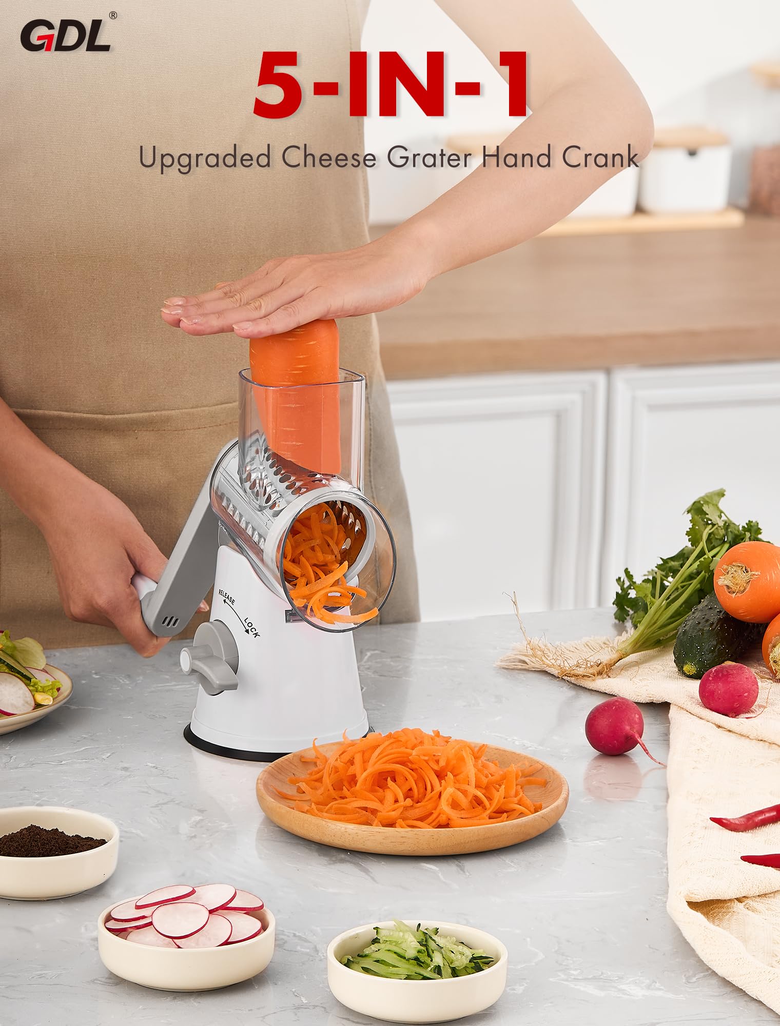 GDL rotary cheese grater locking mechanism enhances grip while shredding.