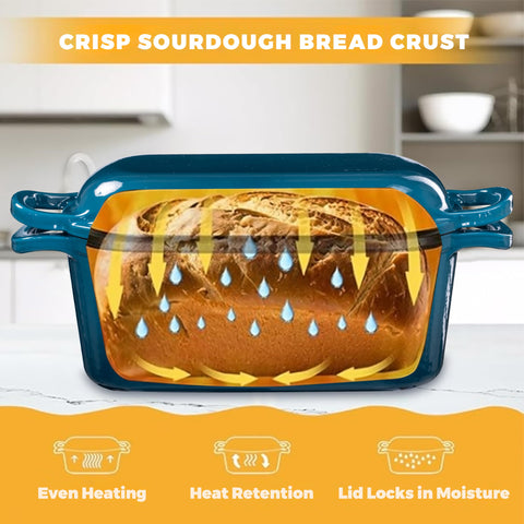 GdnWings cast iron loaf pan teal keeps heat for consistent crumb and crust.