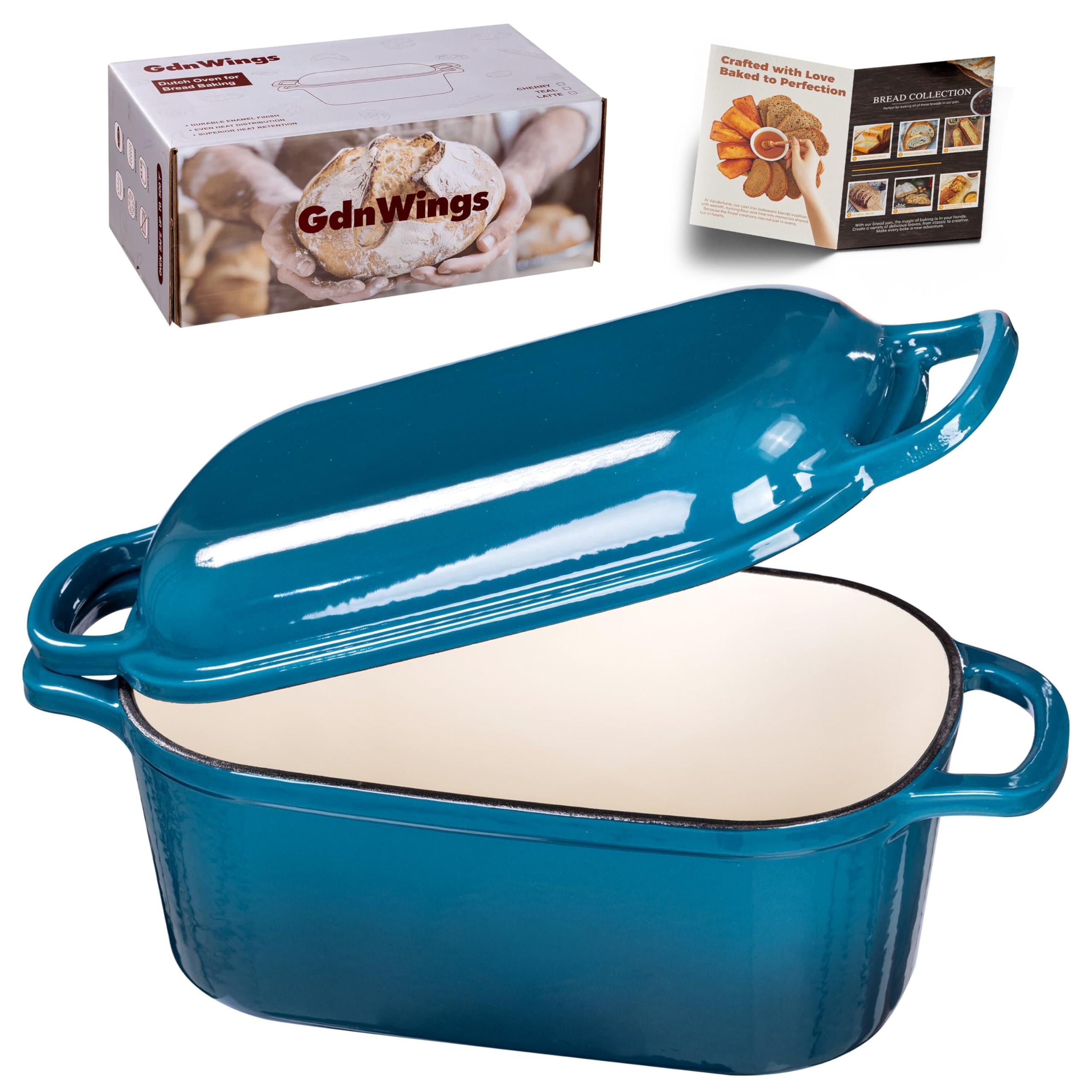 GdnWings oval dutch oven in teal with lid promotes even browning and a dramatic crust.