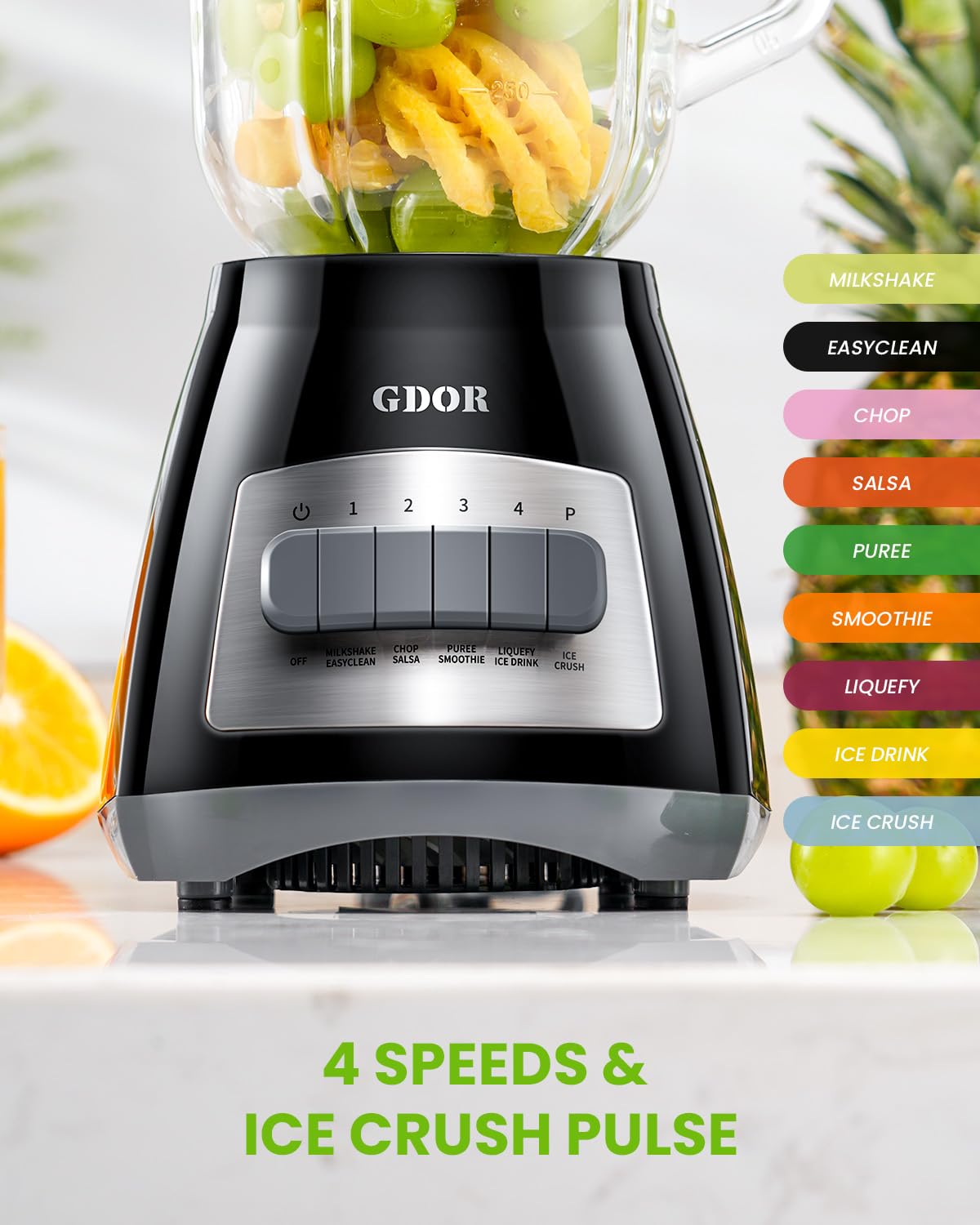 GDOR blender with 6-leaf stainless steel blades for thorough blending