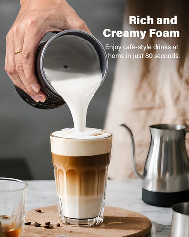 GDOR frother showing 10oz heating capacity for hot chocolate or larger drinks.