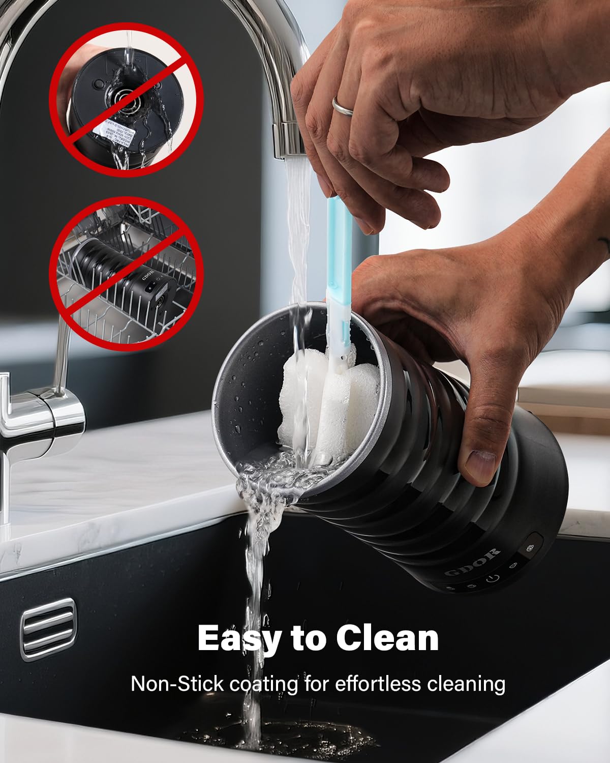 GDOR frother foaming for cappuccino and macchiato styles.