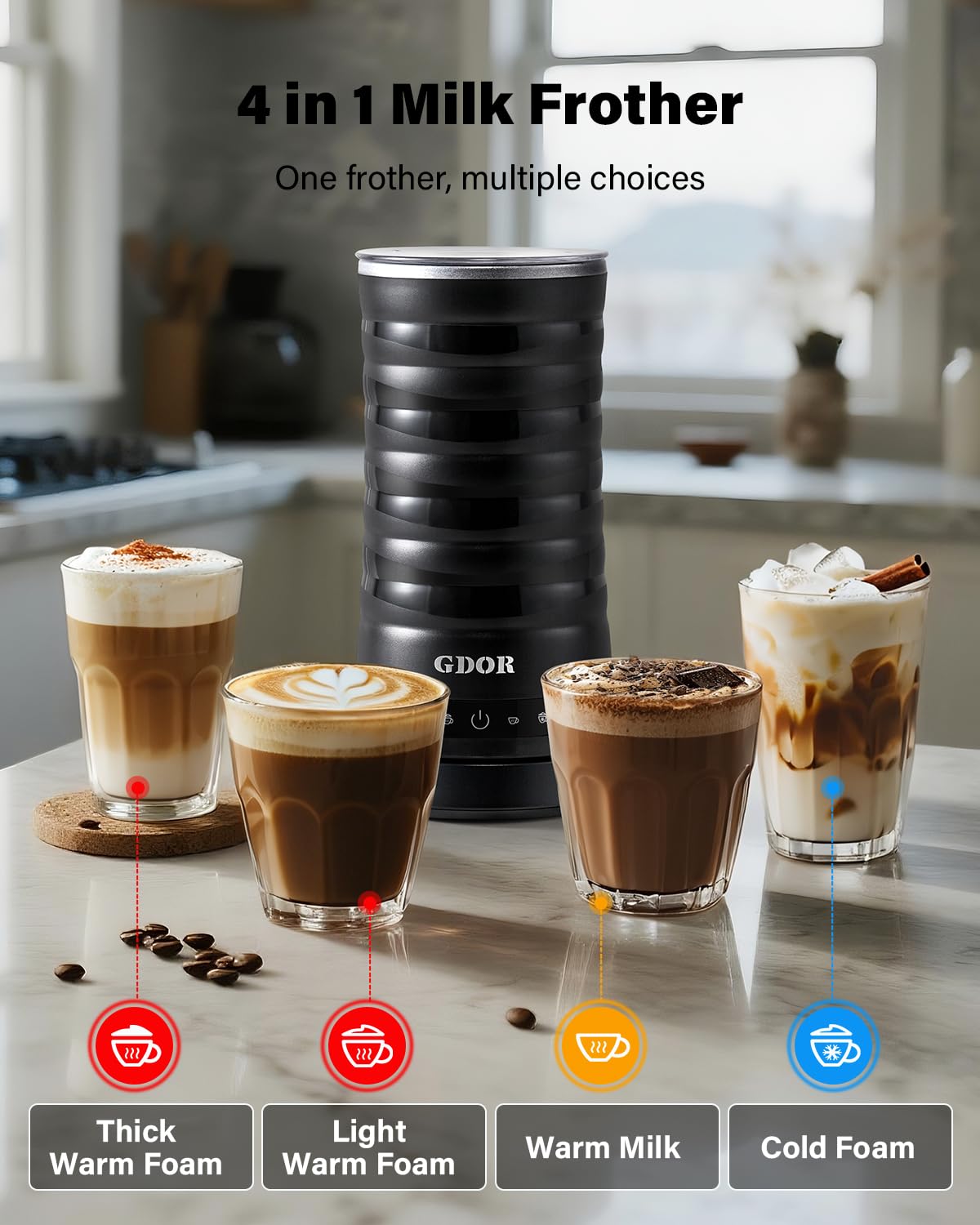 Creamy foam close-up from the GDOR frother, perfect for lattes.