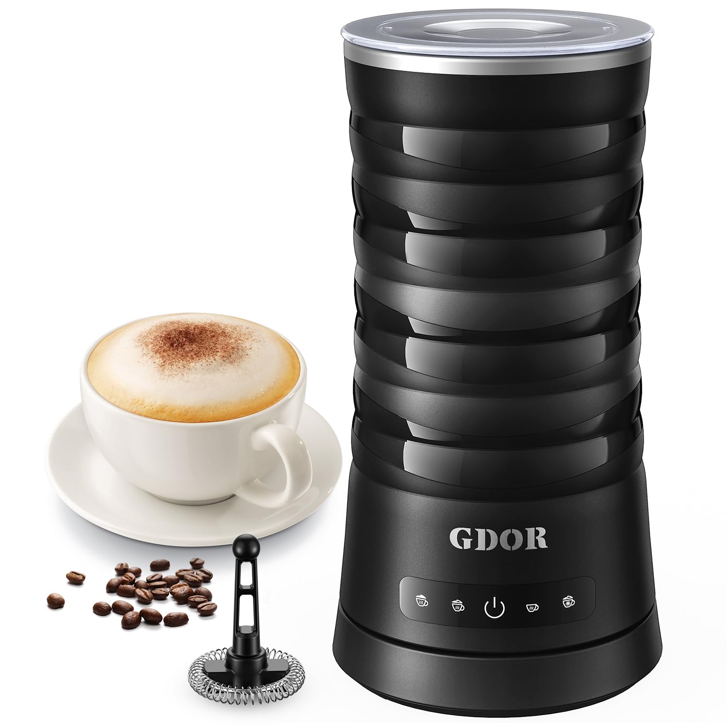GDOR 4-in-1 milk frother in action for café-style drinks at home.