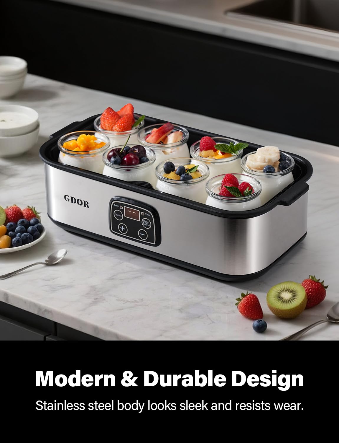 GDOR Yogurt Maker stainless-steel-body: durable, easy-to-clean design for home use.