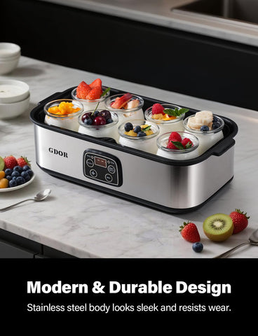 GDOR Yogurt Maker stainless-steel-body: durable, easy-to-clean design for home use.