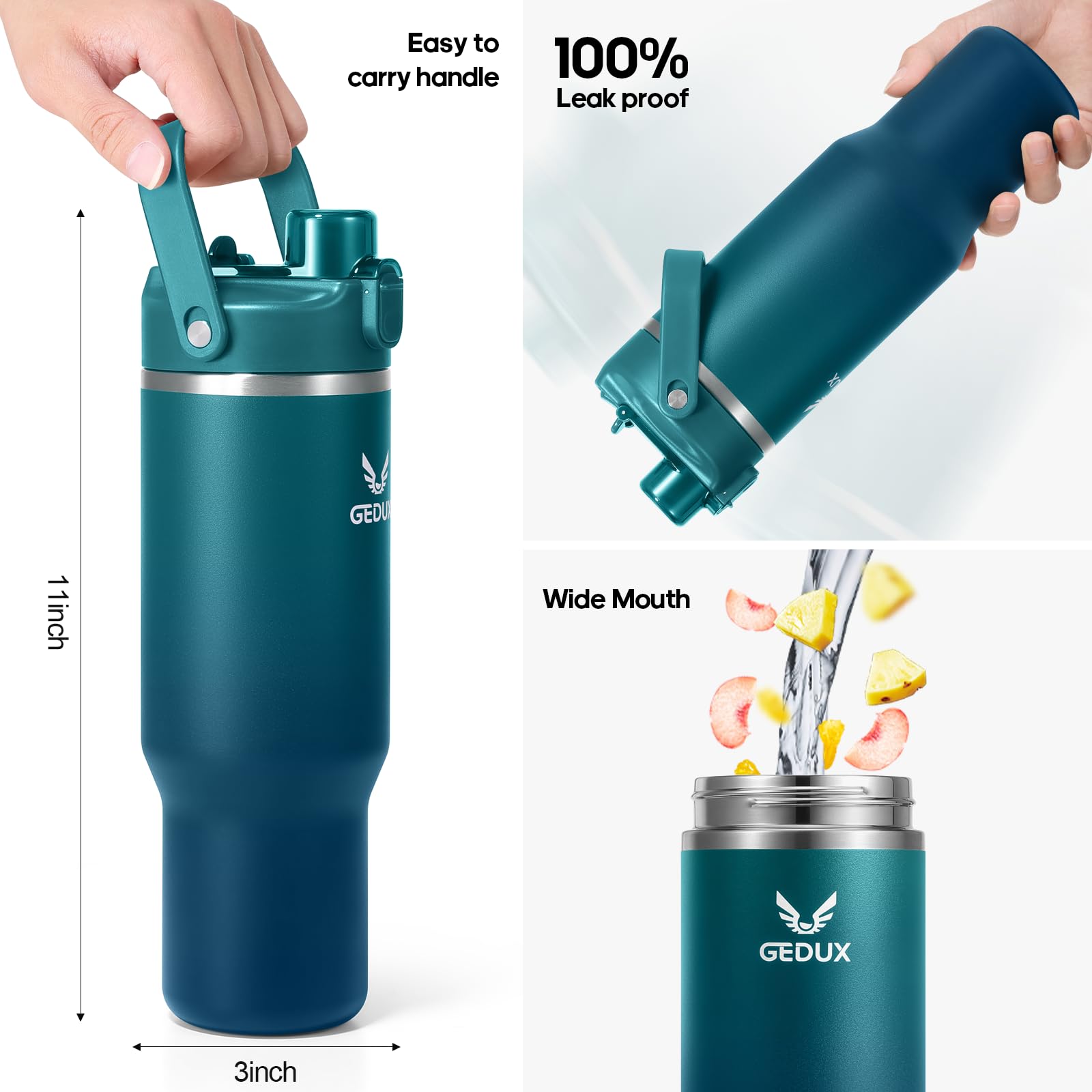 Gedux 32-ounce capacity ideal for all-day hydration during activities or travel.
