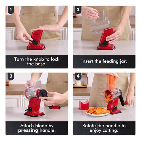 Geedel blade stacking for compact kitchen storage.