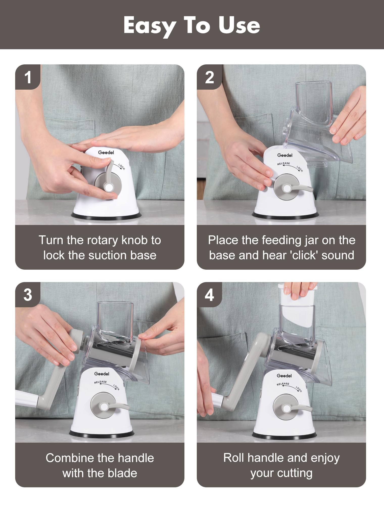 Geedel BPA-free ABS construction ensures safe food preparation.