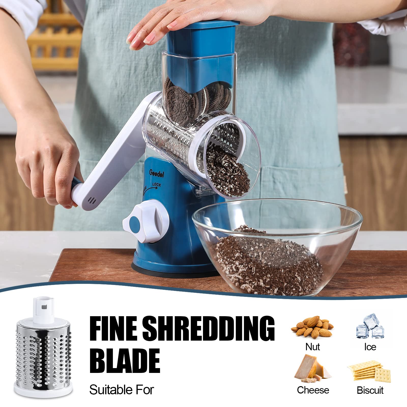 Geedel food pusher guides ingredients away from blades for safety.