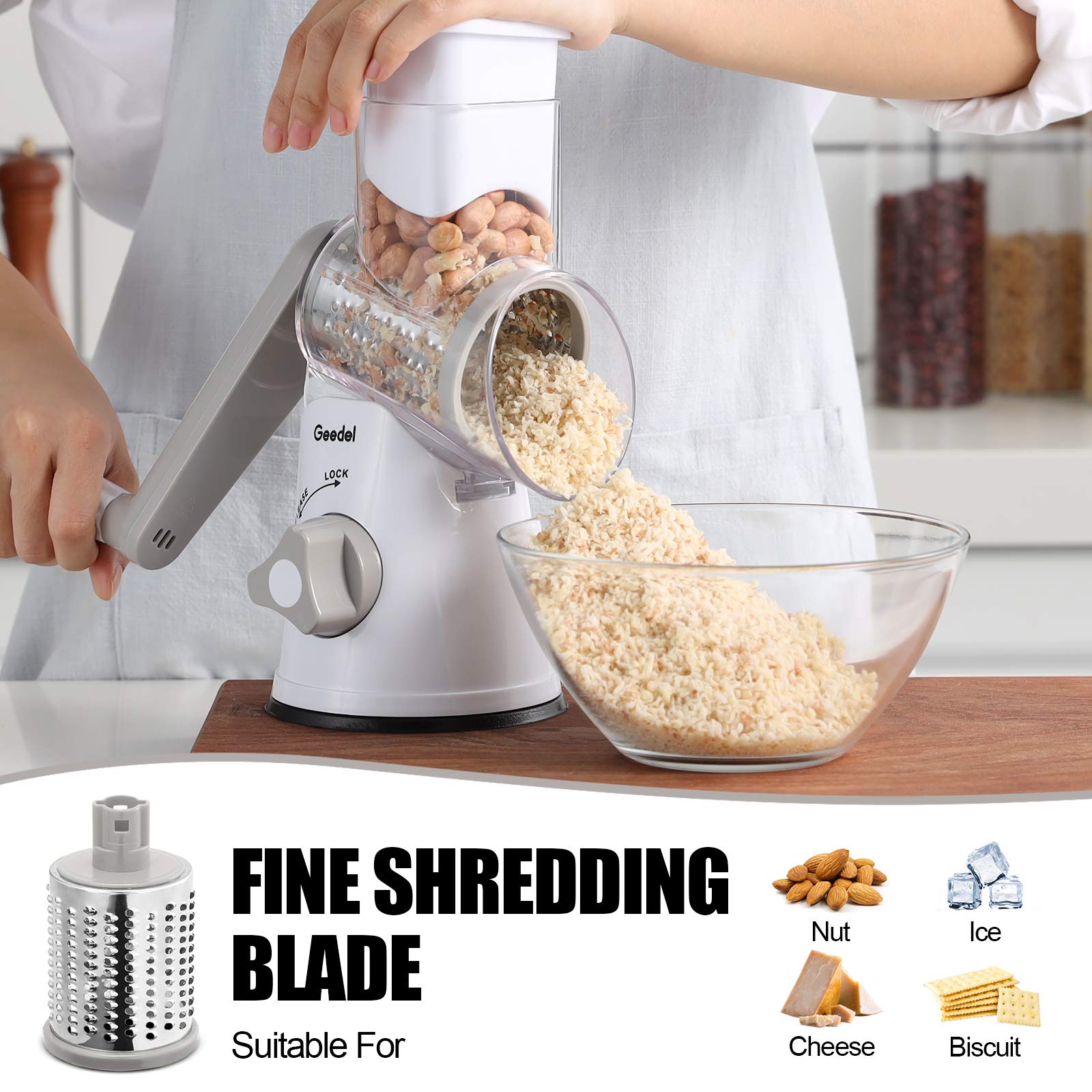 Geedel suction base stabilizes the grater on a counter