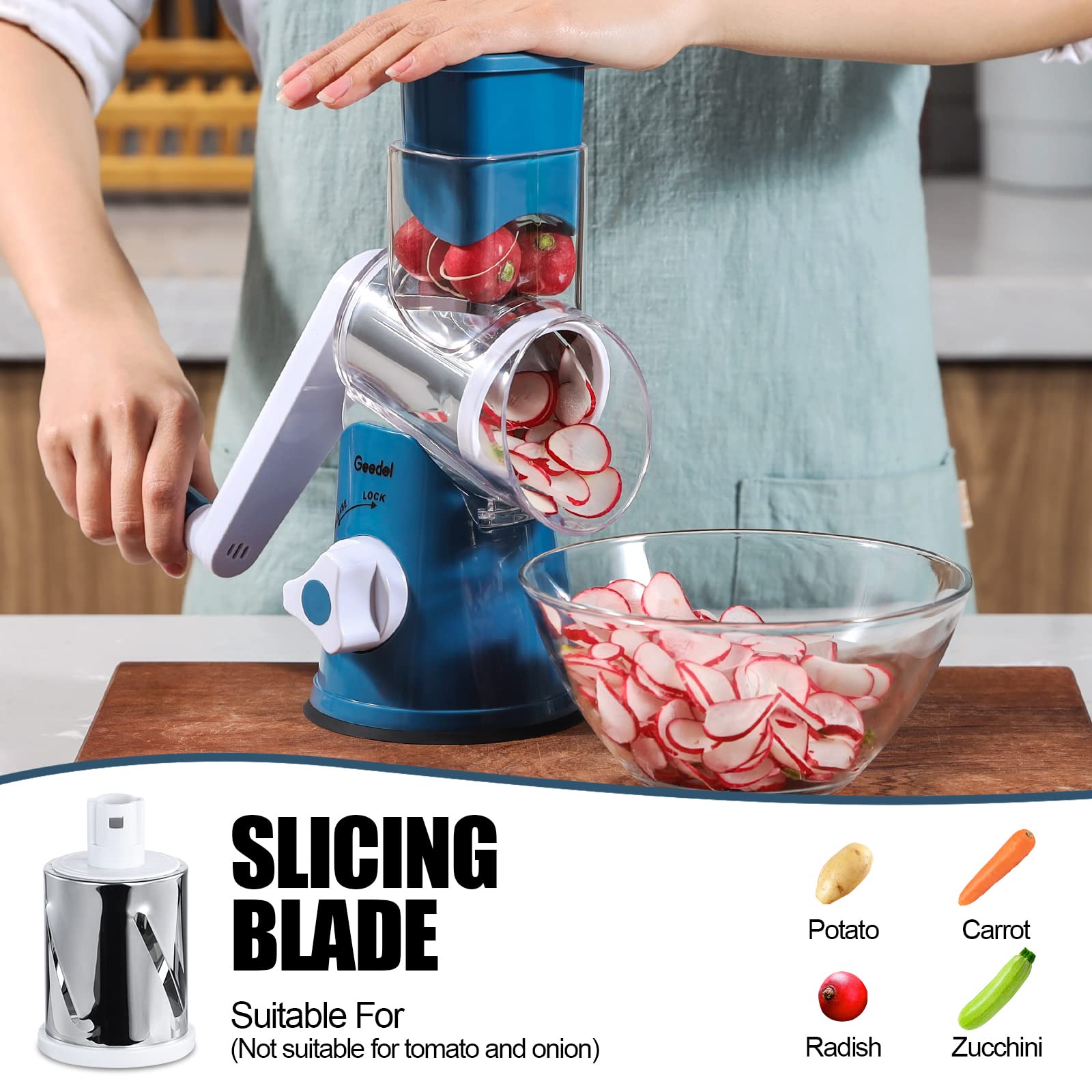 Geedel suction base keeps grater steady on counters during use.