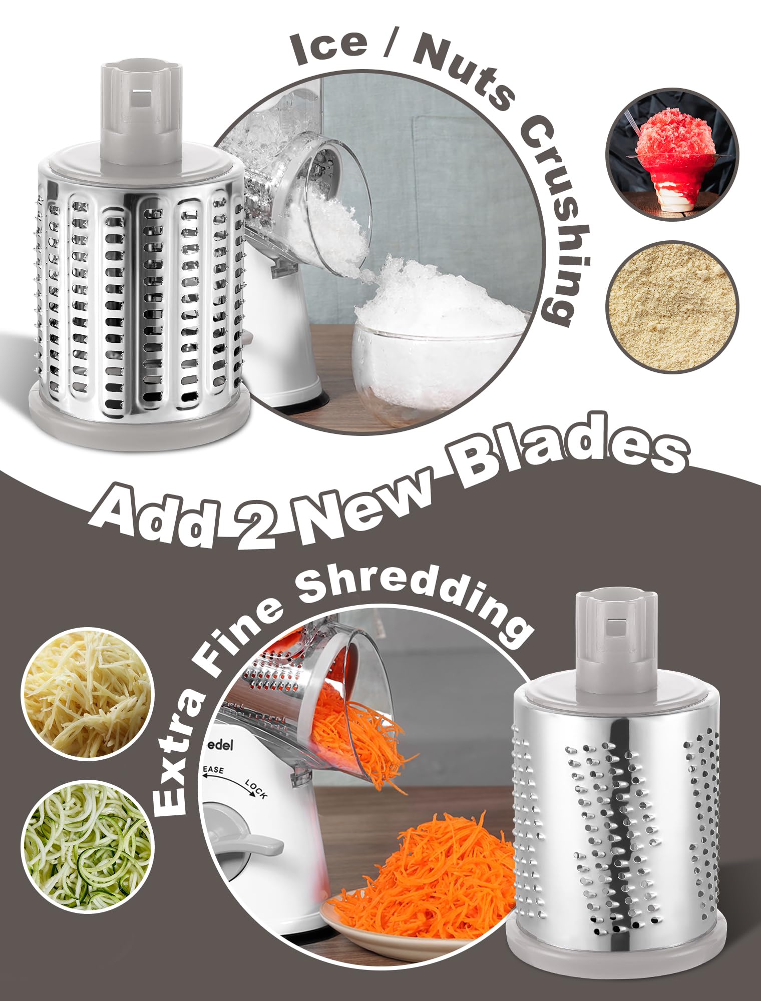 Geedel crushing blade enables smooth nut and ice crushing for recipes.