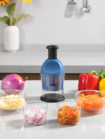 Geedel chopper base with blades demonstrates compact kitchen tool.