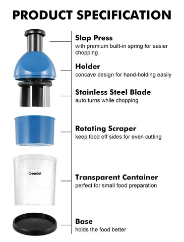 Geedel chopper with base shows dishwasher-safe parts.