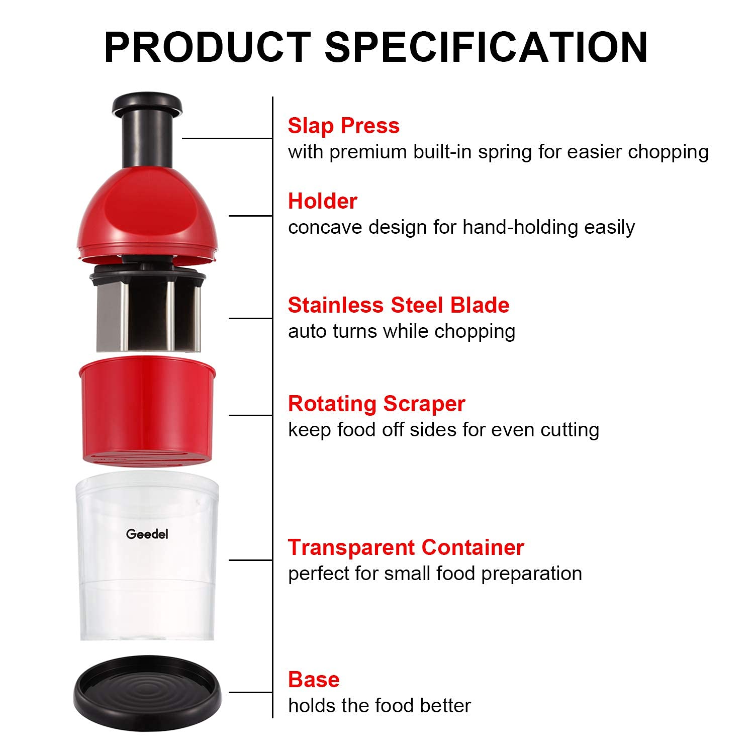 Geedel Multi-use chopper handling nuts, vegetables, and small salads.