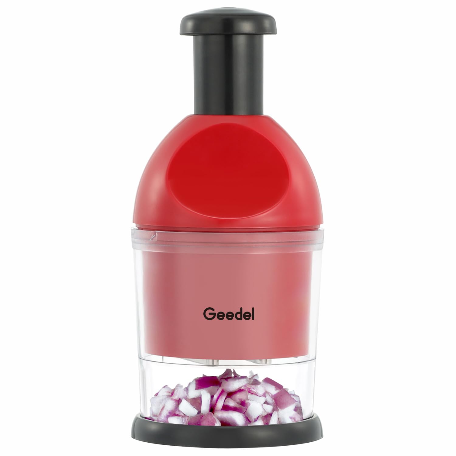 Geedel Food Chopper in action with slap mechanism for quick, safe chopping.