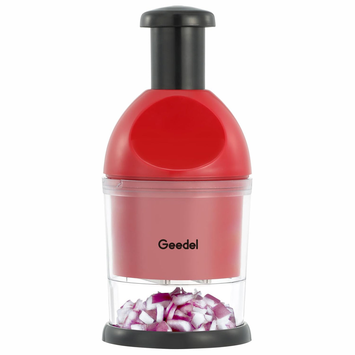 Geedel Food Chopper in action with slap mechanism for quick, safe chopping.