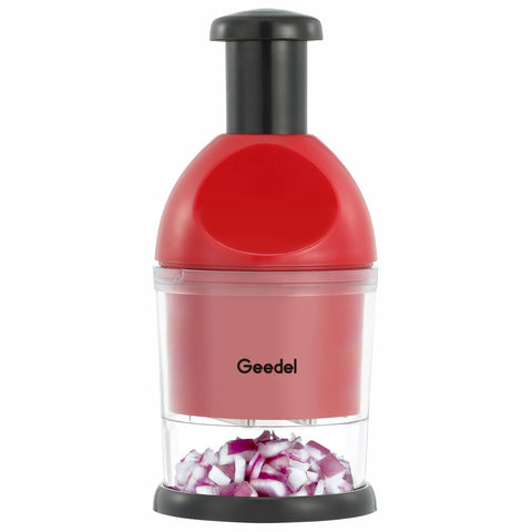 Geedel Food Chopper in action with slap mechanism for quick, safe chopping.