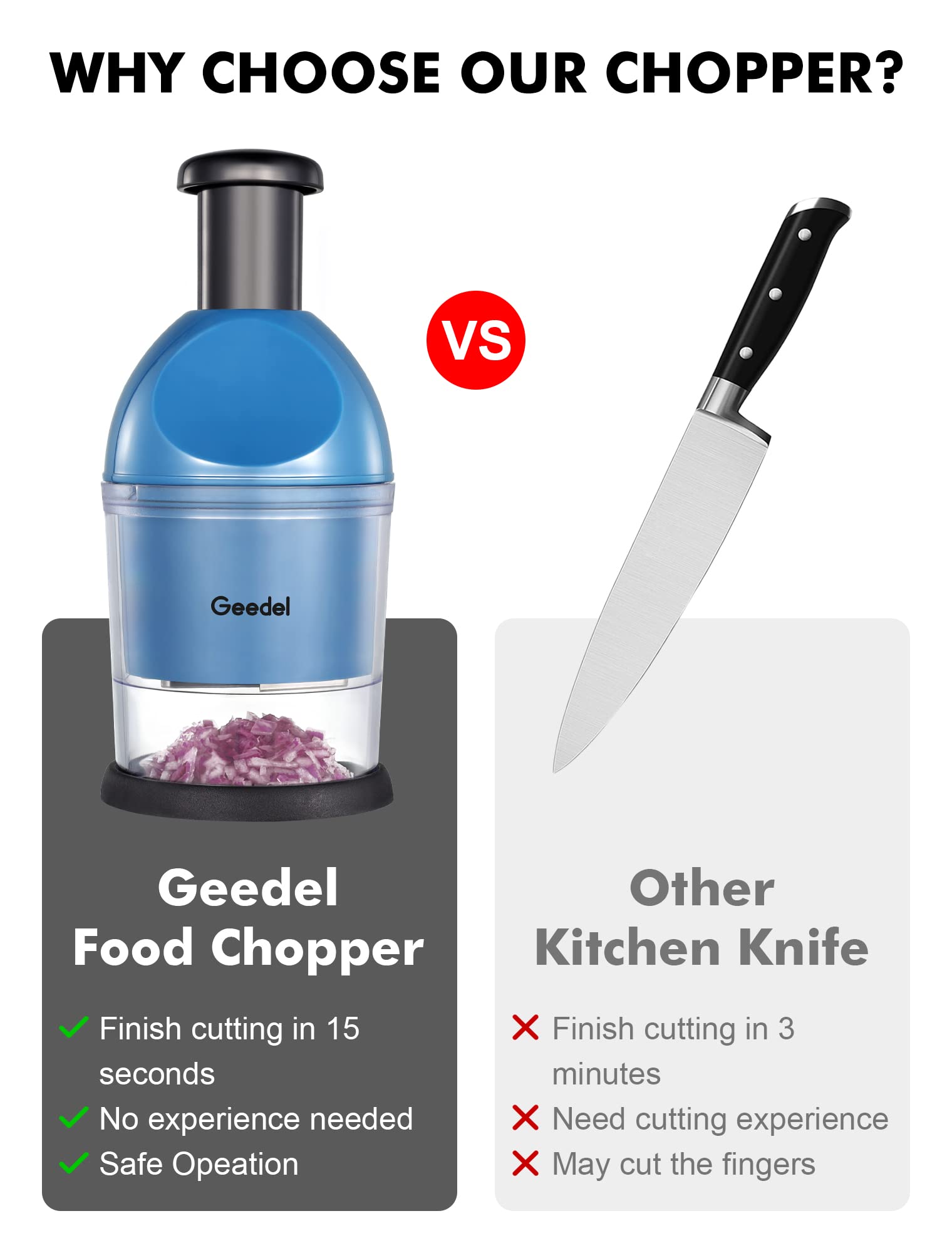 Geedel Food Chopper dicing vegetables for fresh salads in seconds.