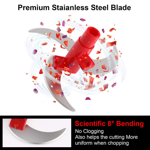 Geedel manual processor handle enables effortless rotation for quick mince.