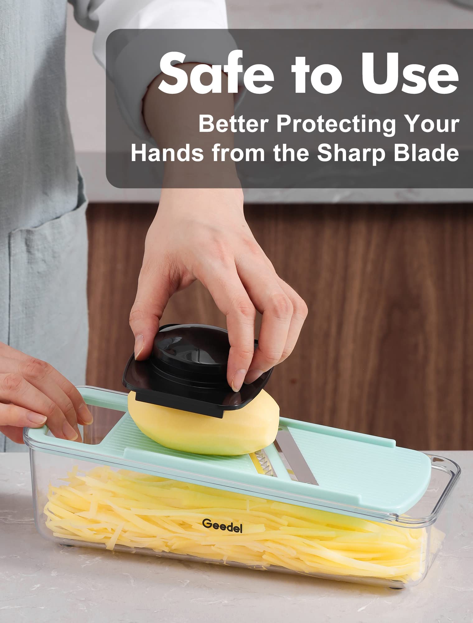 Geedel safety hand guard protects fingers during prep.