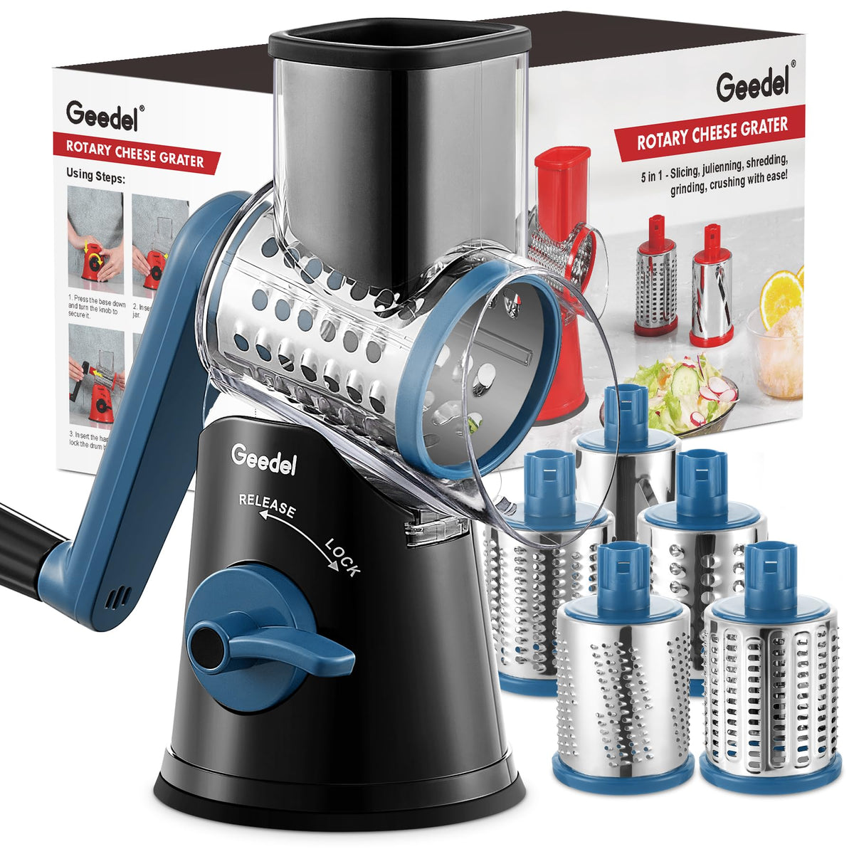 Geedel rotary cheese grater assembled for all in one prep