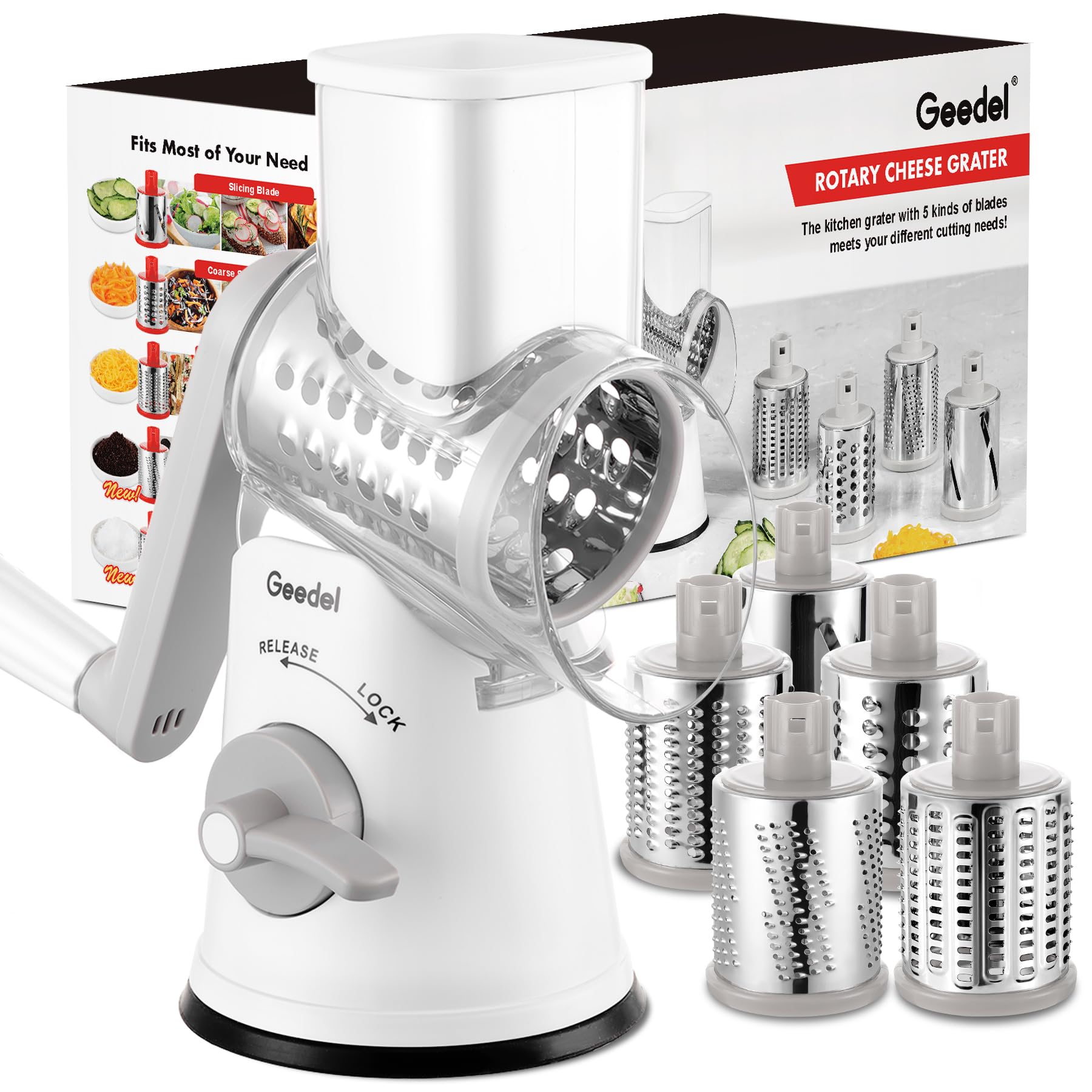 Geedel rotary cheese grater assembly shows five-blade versatility for cheese and vegetables.