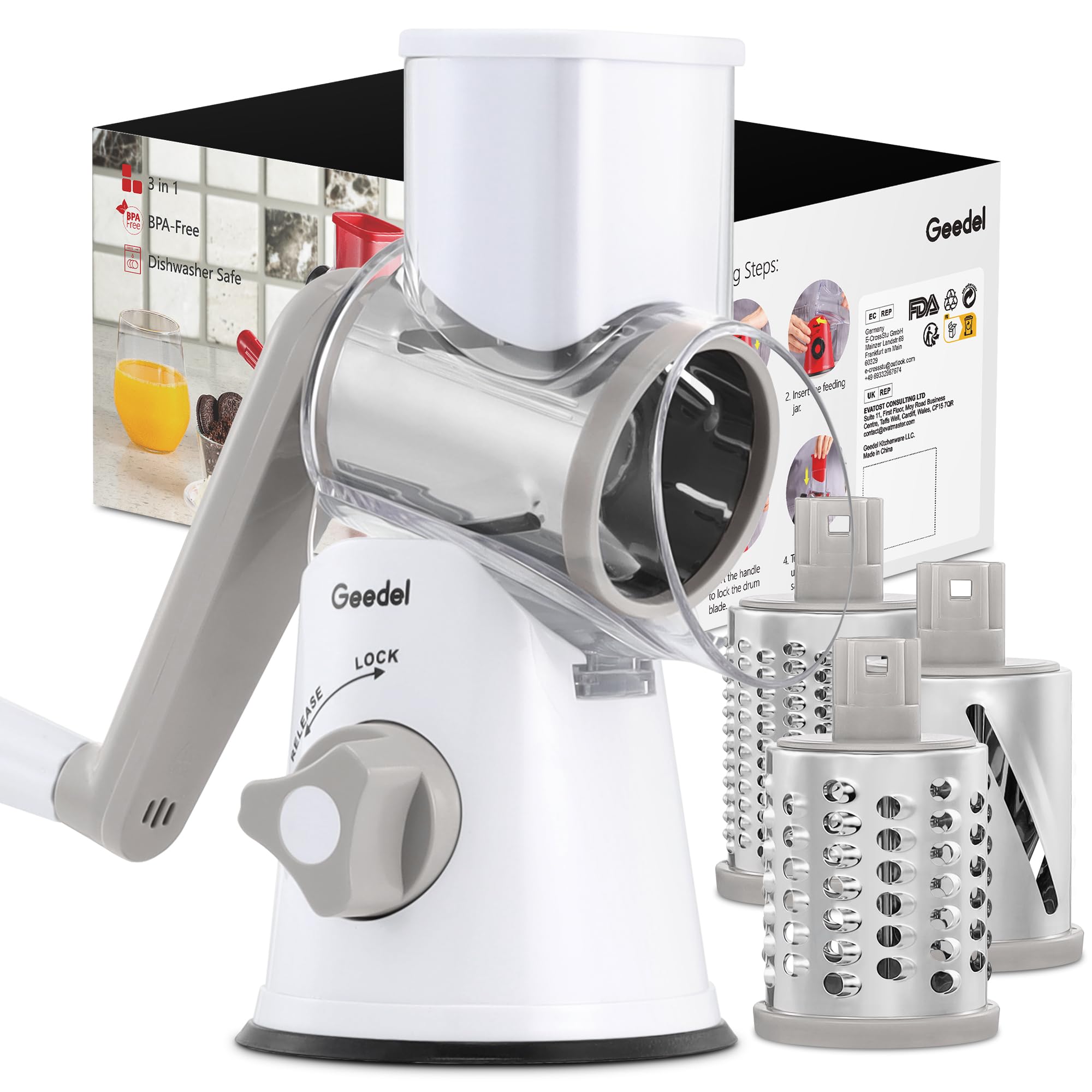 Geedel rotary cheese grater barrel view showing quick shredding capability