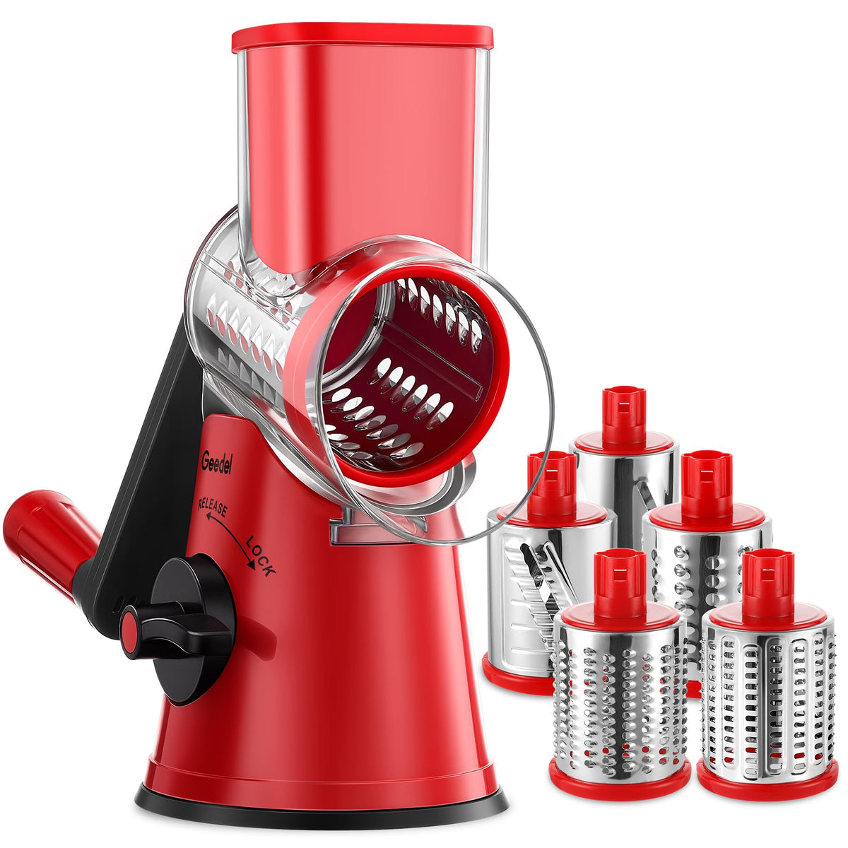 Geedel rotary cheese grater with secure suction base for stable shredding