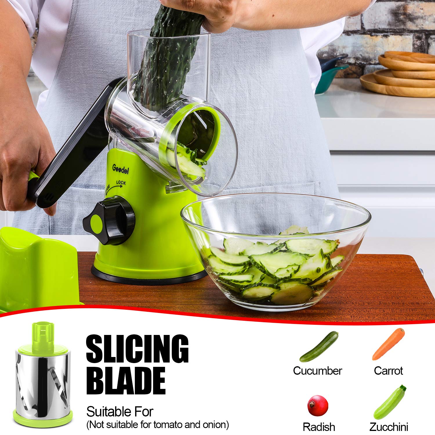 Geedel rotary cheese grater blade set for slicing, shredding, grinding.
