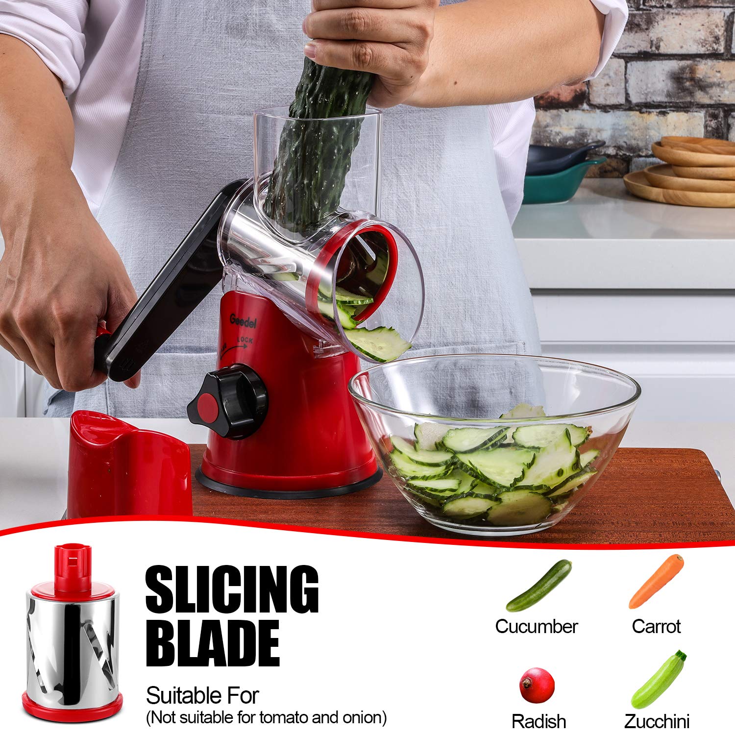 Geedel blades for slicing, shredding, and grinding cheese and more.