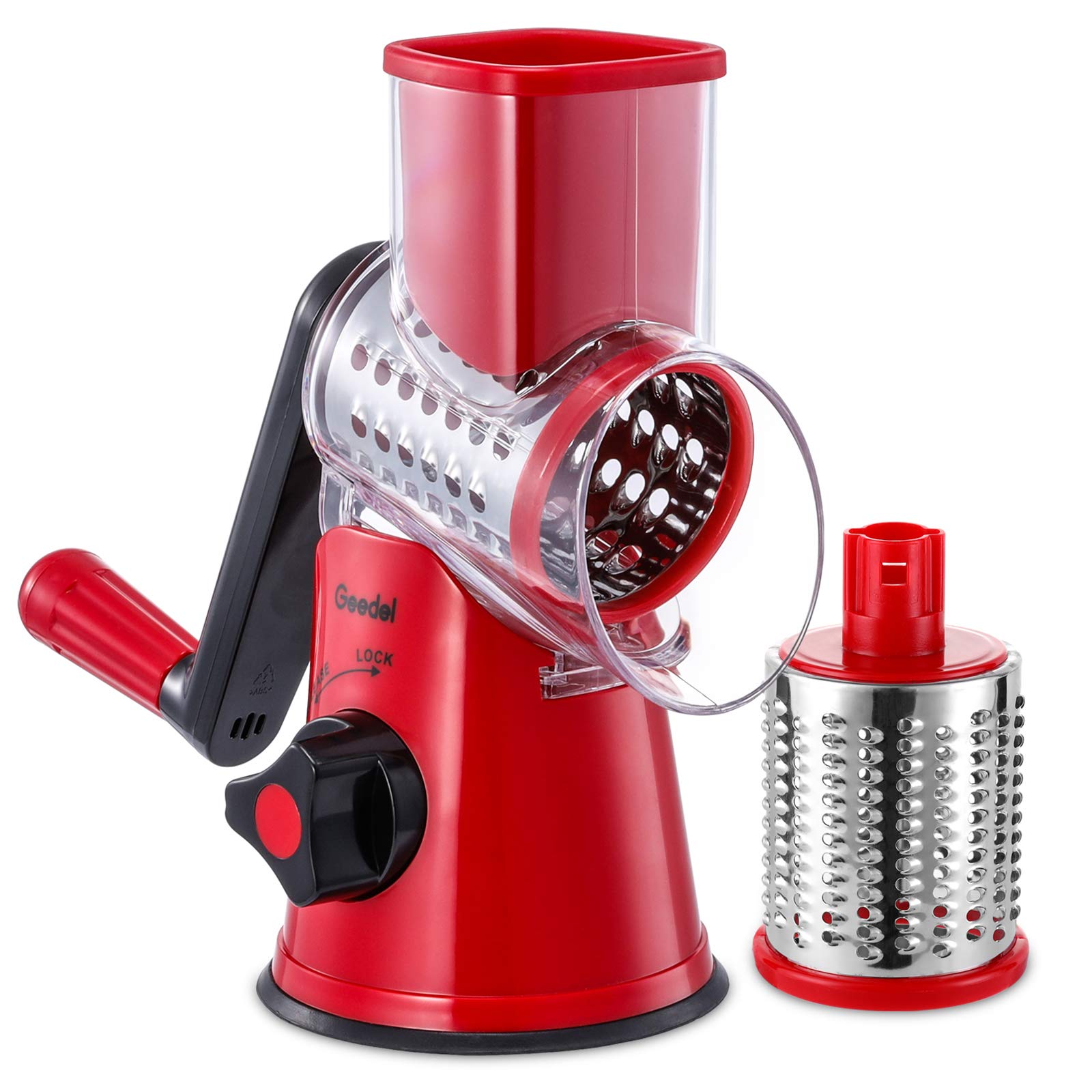 Geedel rotary cheese grater front view for quick cheese prep.