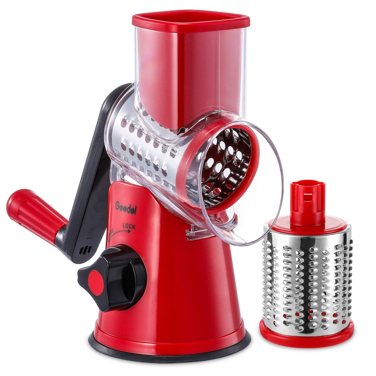 Geedel rotary cheese grater front view for quick cheese prep.