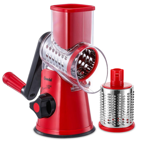 Geedel rotary cheese grater front view for quick cheese prep.