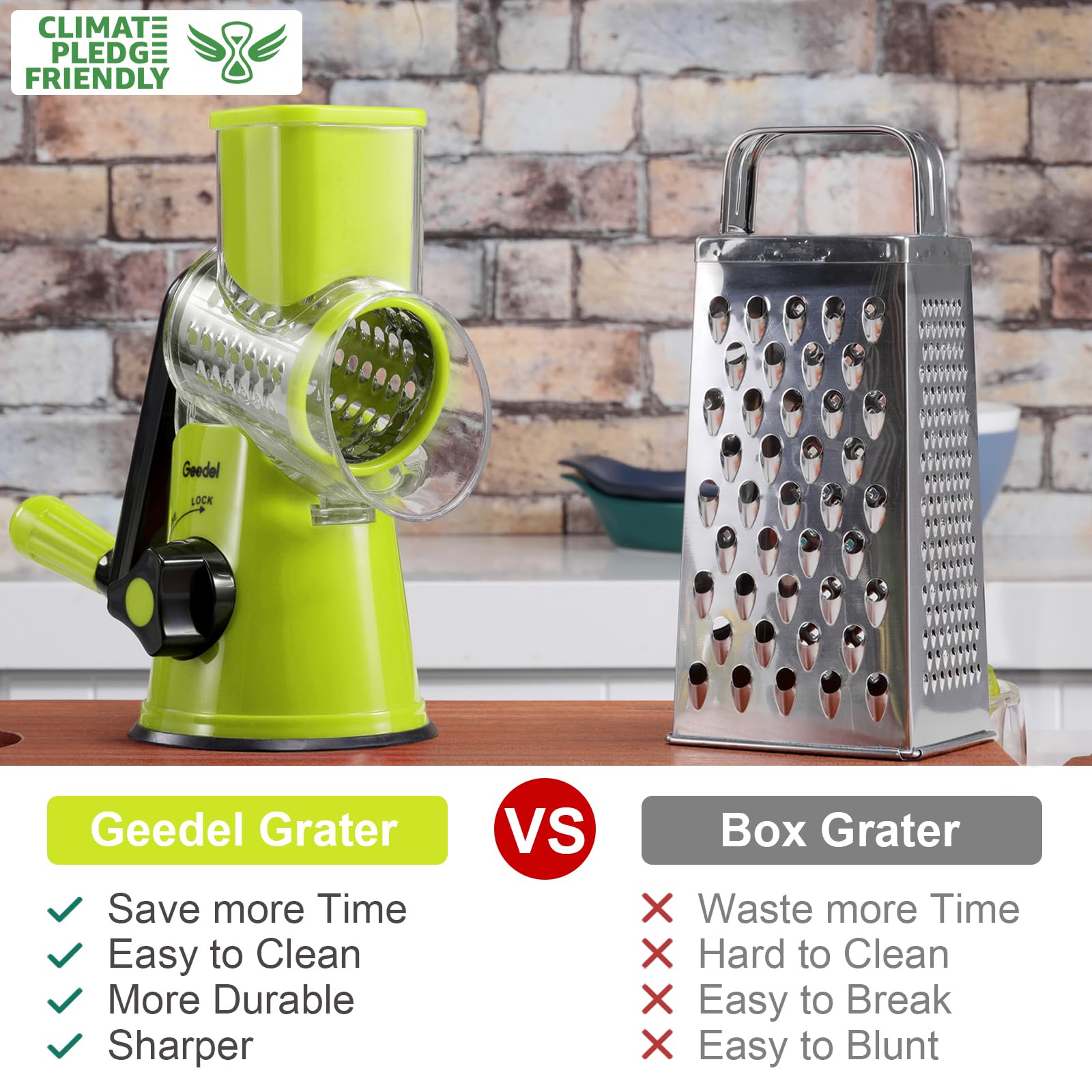 Geedel rotary cheese grater handle turning for quick cheese shredding.