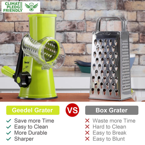 Geedel rotary cheese grater handle turning for quick cheese shredding.