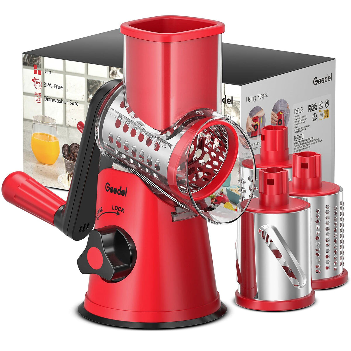 Geedel rotary cheese grater handle—easy grip for safe shredding.