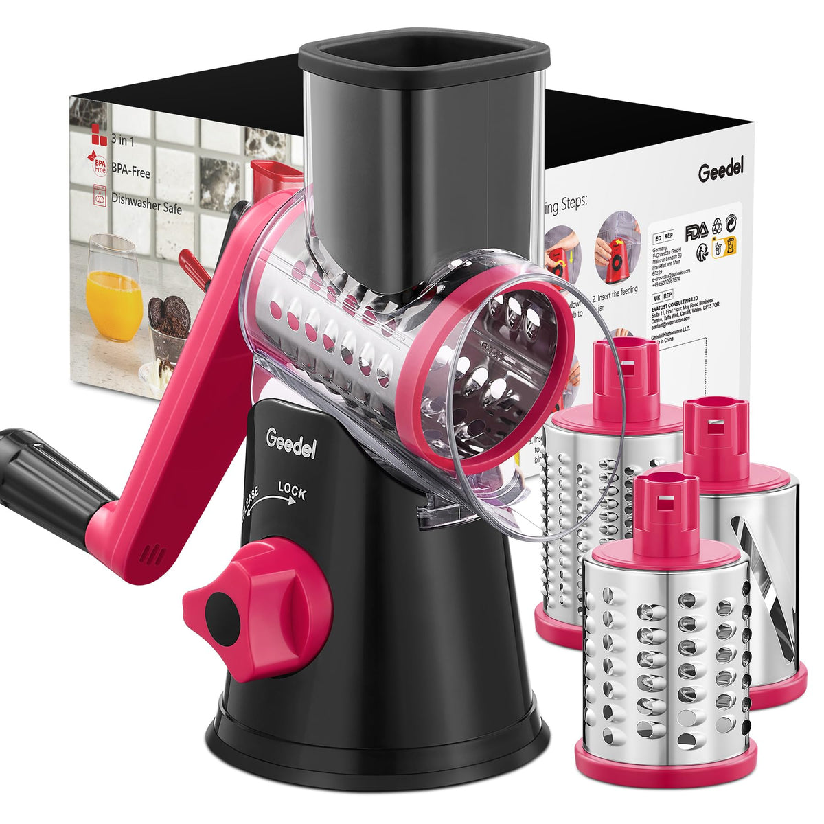 Geedel rotary cheese grater handle for safe, easy shredding.
