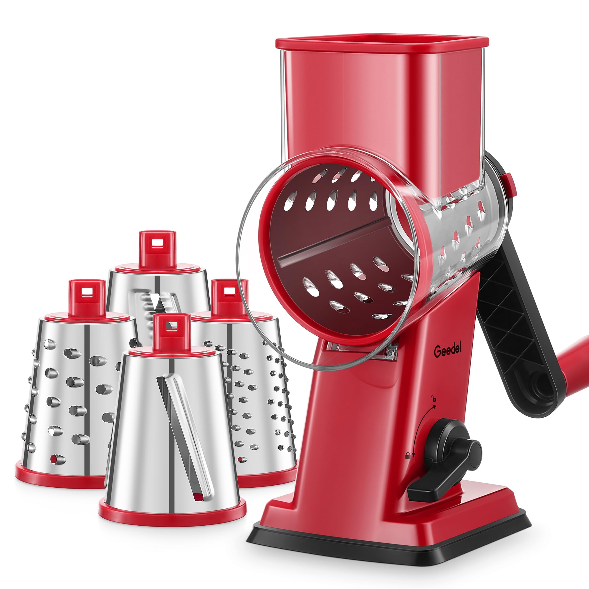 Geedel rotary cheese grater with handle for easy shredding.