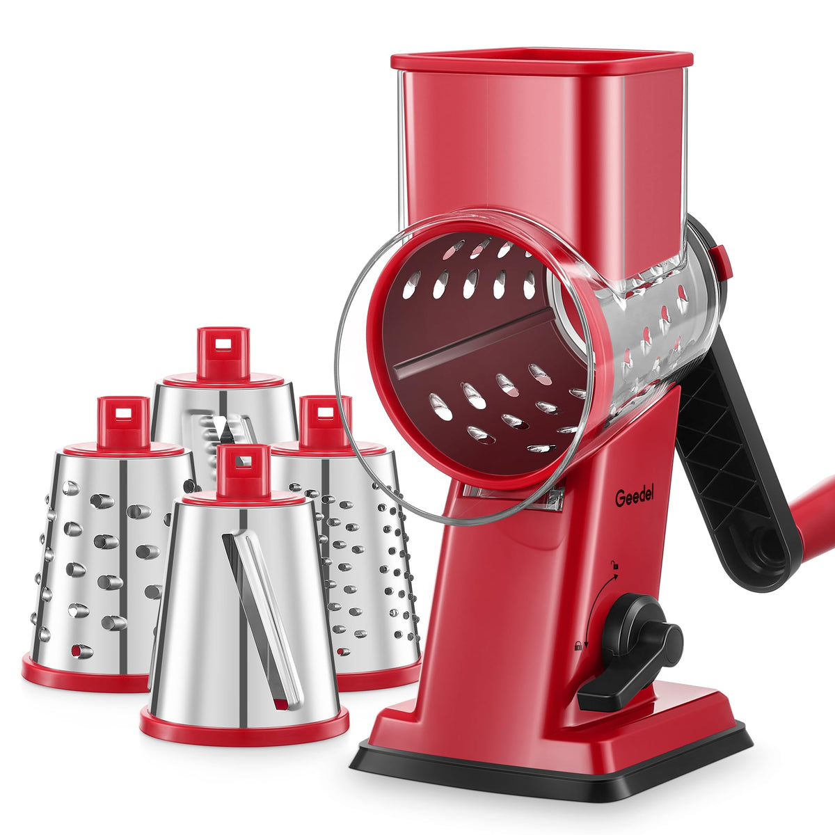 Geedel rotary cheese grater with handle for easy shredding.