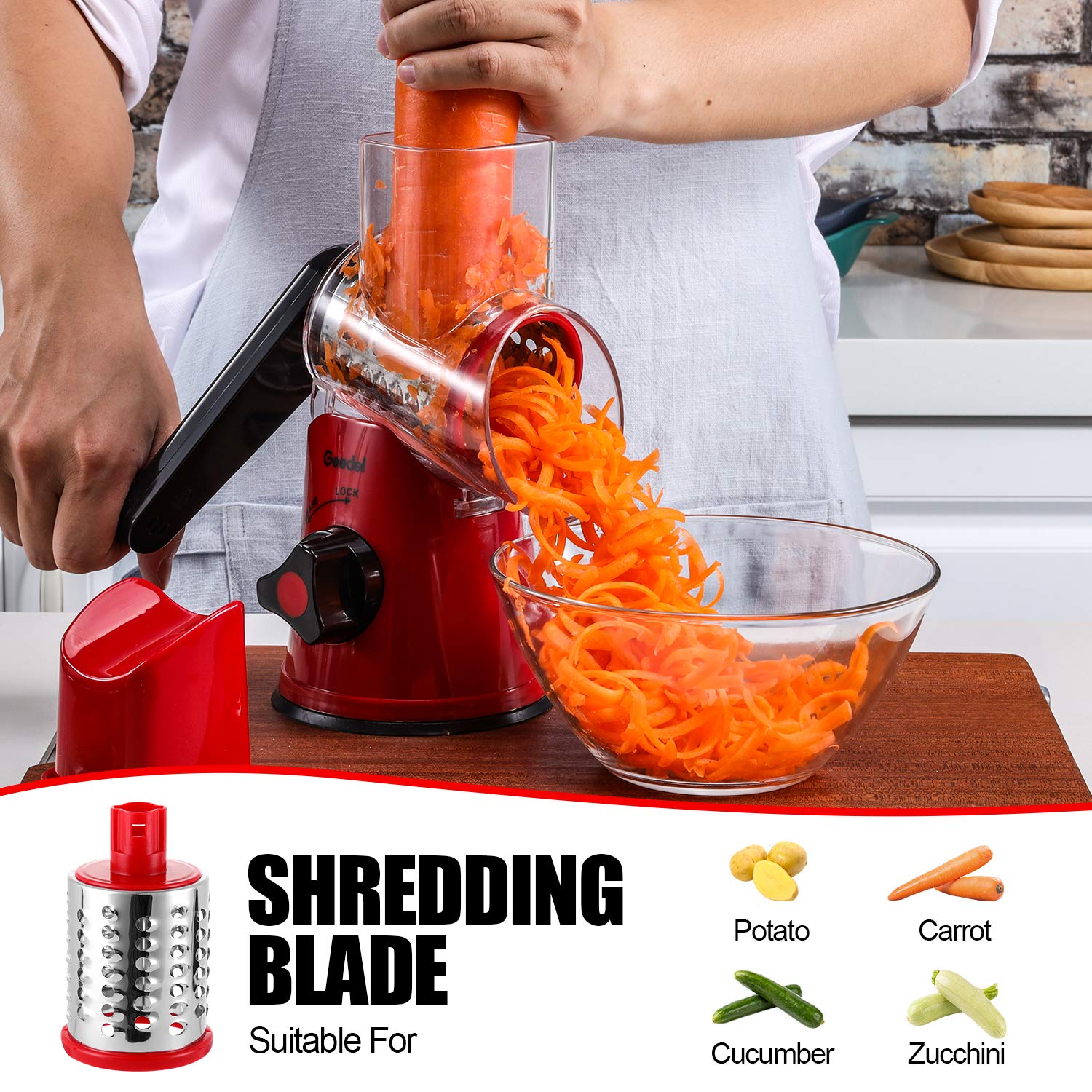 Geedel food pusher keeps fingers away from blades during use.