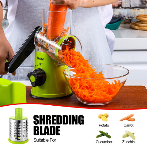 Geedel rotary cheese grater shredding cheese into fresh topping.