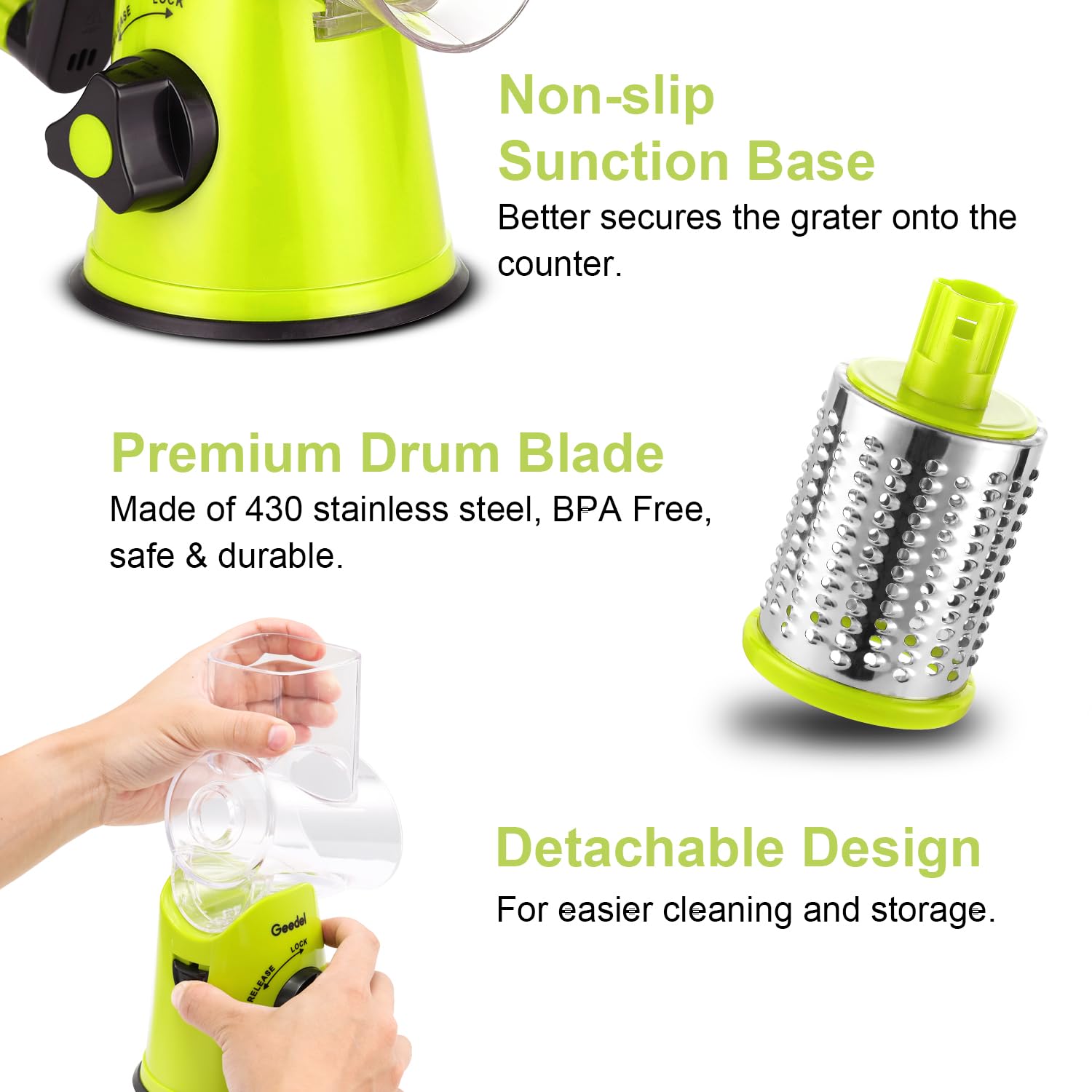 Geedel suction base keeps grater steady during use.