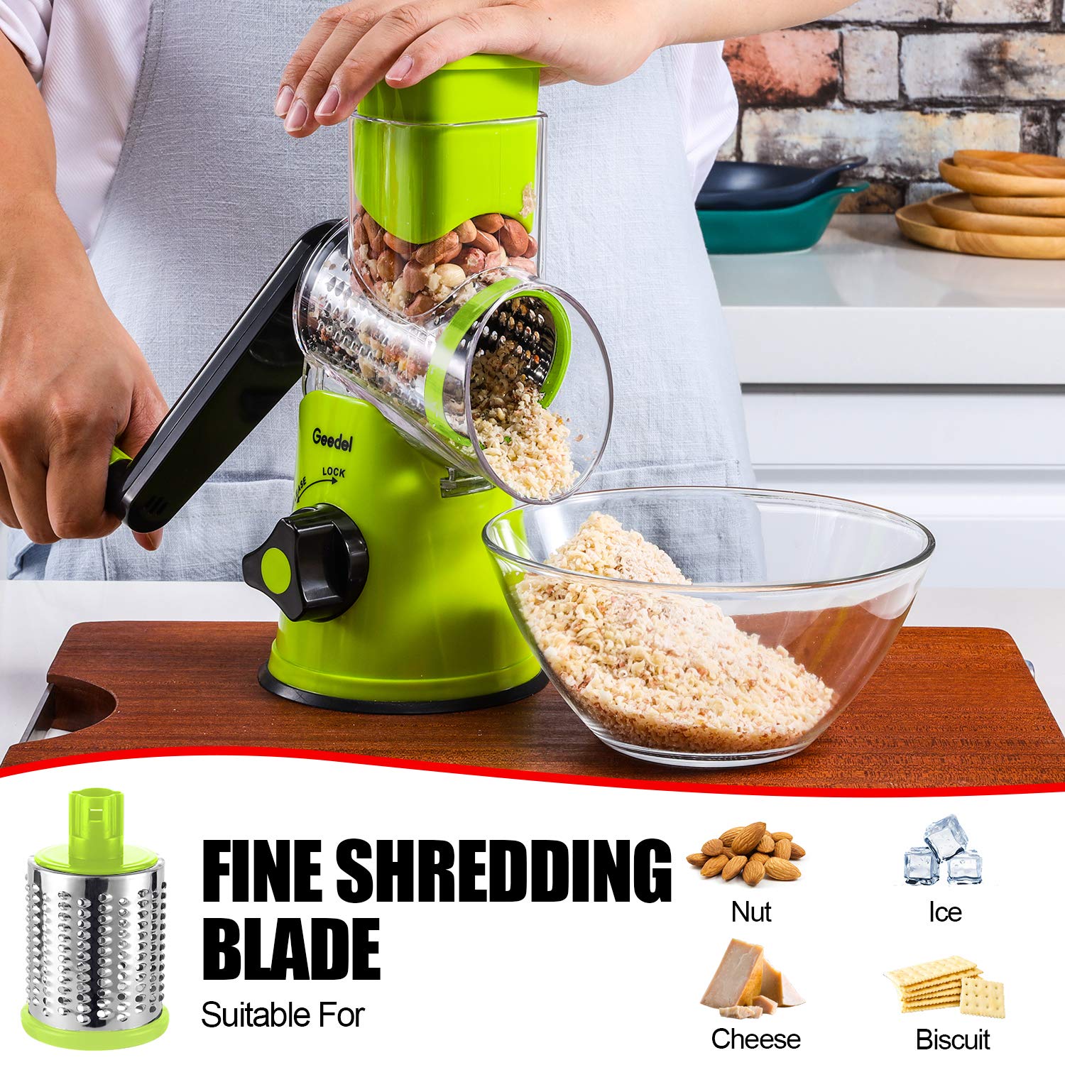 Geedel transparent barrel catching shredded cheese while rotating.
