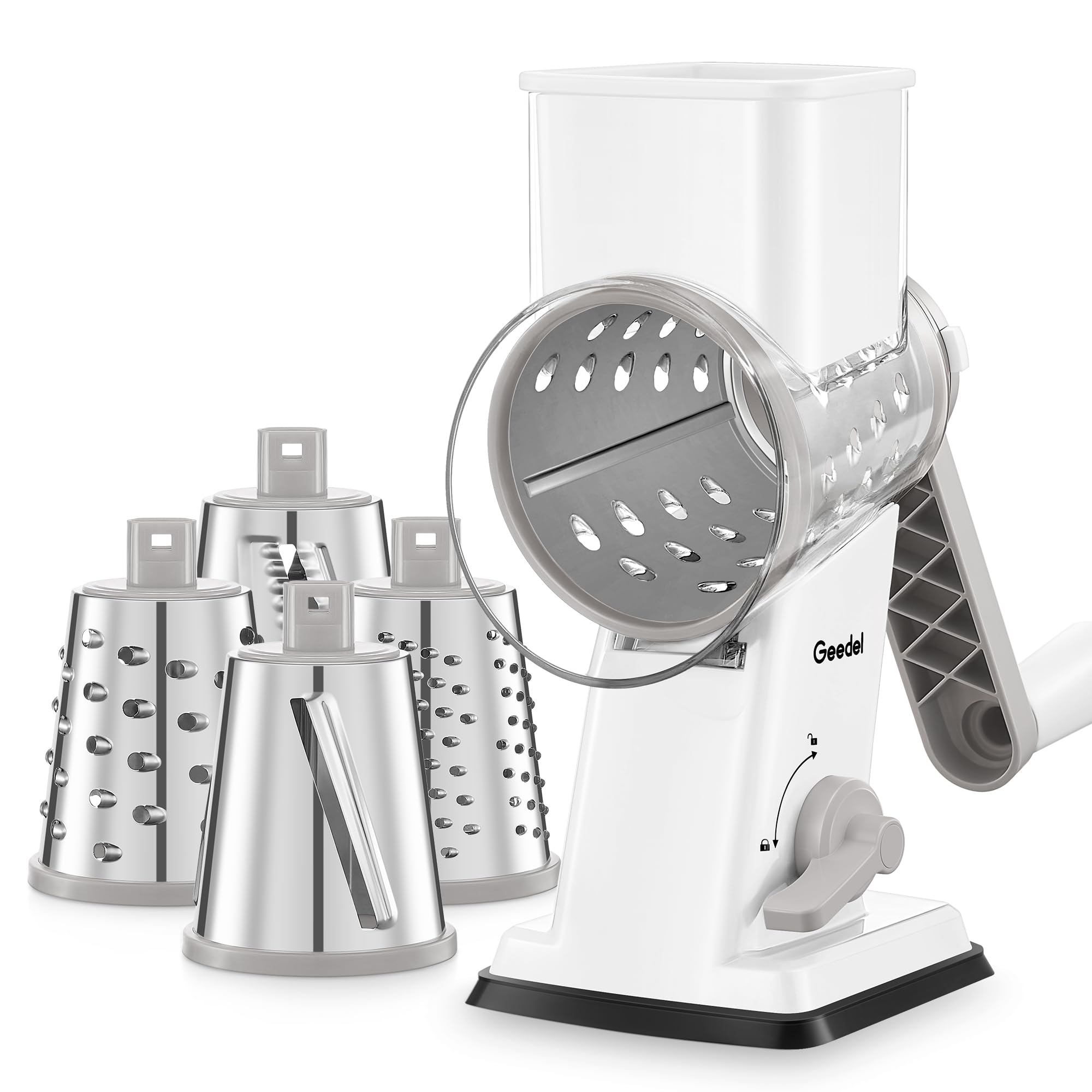 Geedel rotary grater with wide inlet and outlet for effortless prep