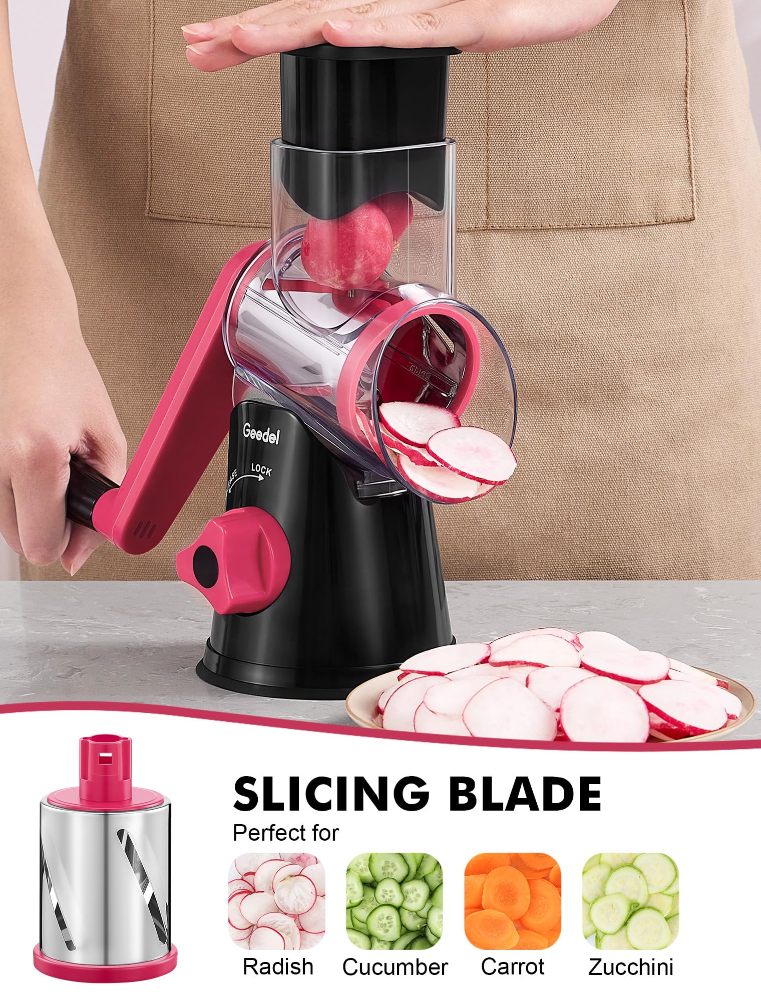 Geedel rotary grater blade shredding for quick cheese and nuts grating.